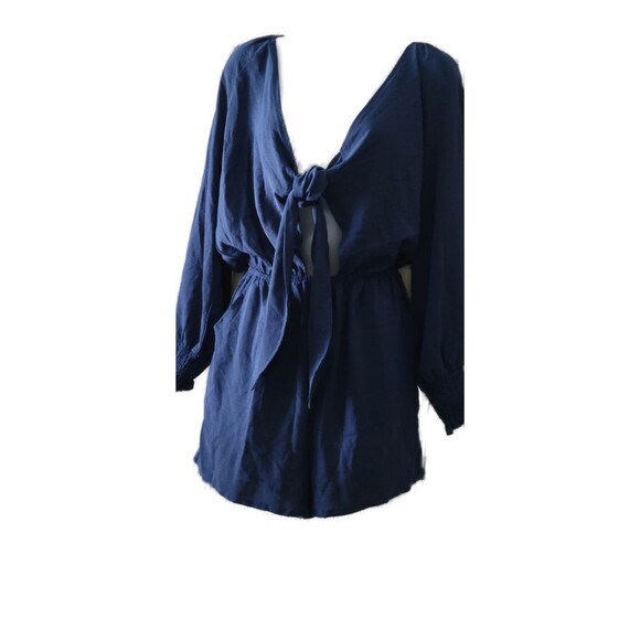 Long Sleeve Tie Knot Front V Neck Navy Blue Romper Sz L - Picture 3 of 8